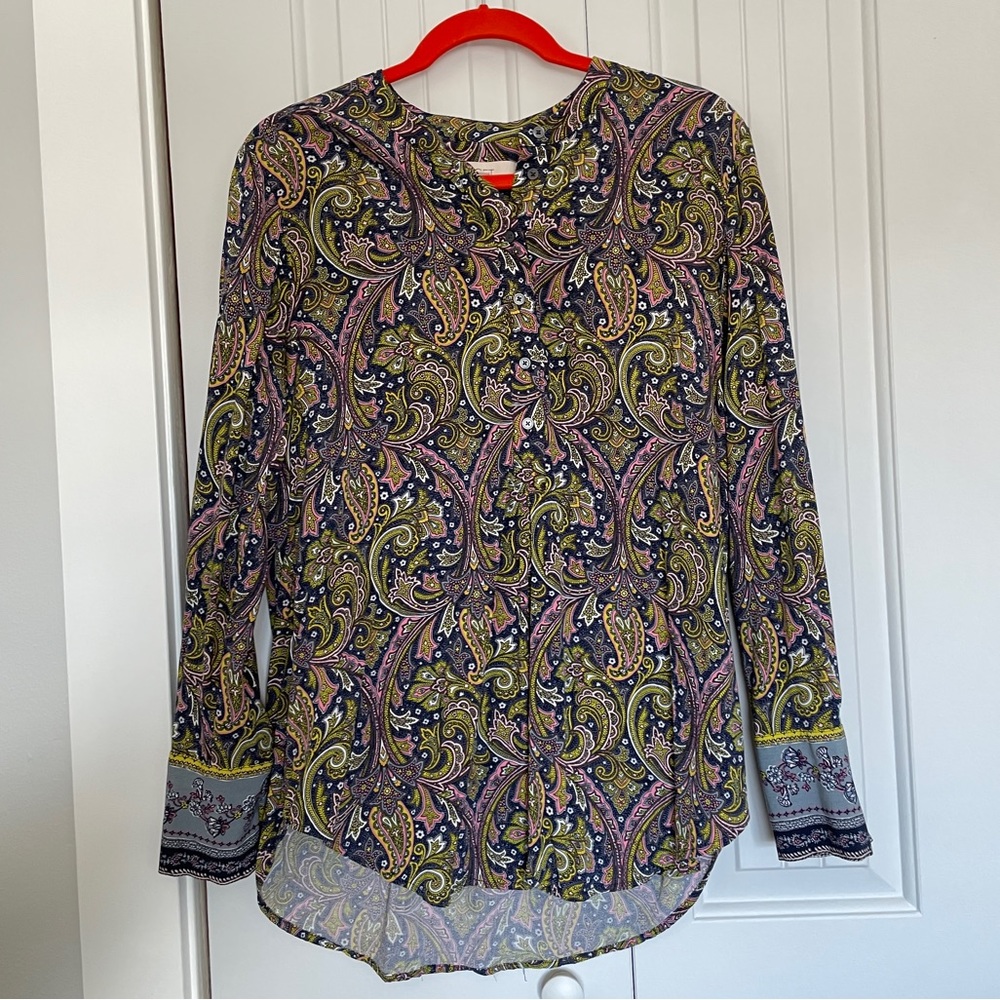 LOFT Long Sleeve Blouse 1/2 Button Front Shirt, Blue Green Paisley, size M